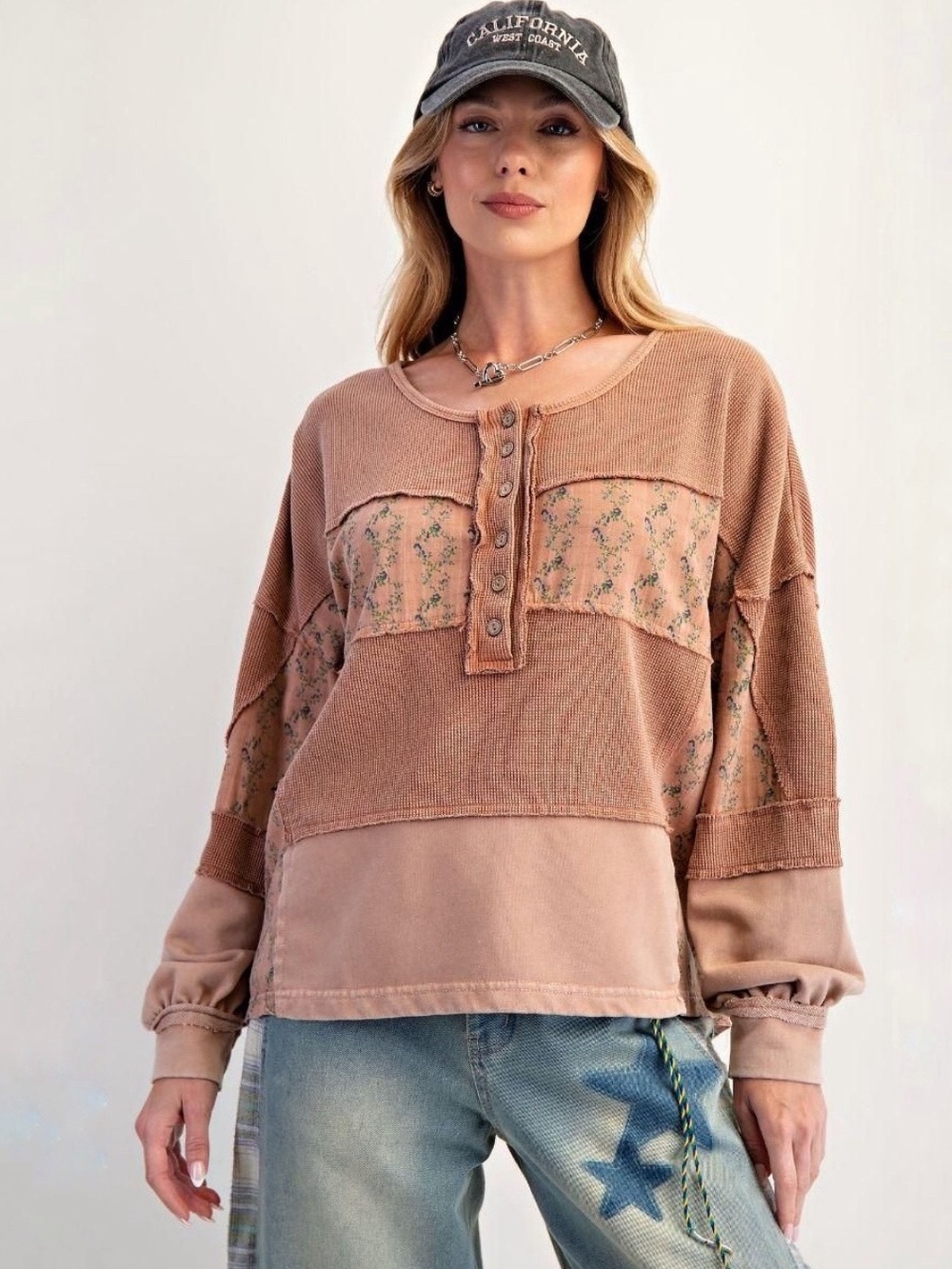 Easel Thermal Washed Rust Patchwork Henley Top with Floral Details Mineral Wash